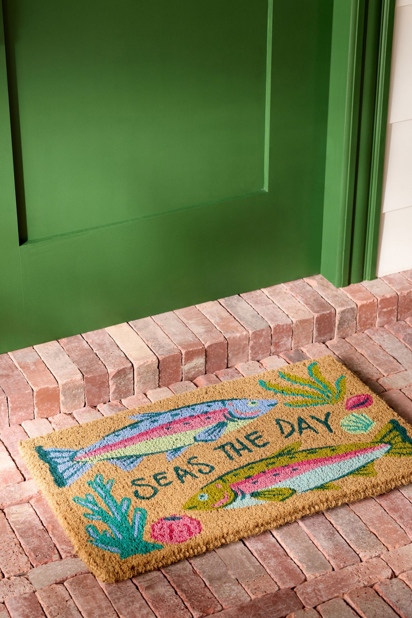 Seas the Day Fish Printed Coir Doormat - Blue, 18" x 30"