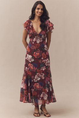 Bhldn Flutter-sleeve Plunging Maxi Dress In Multi