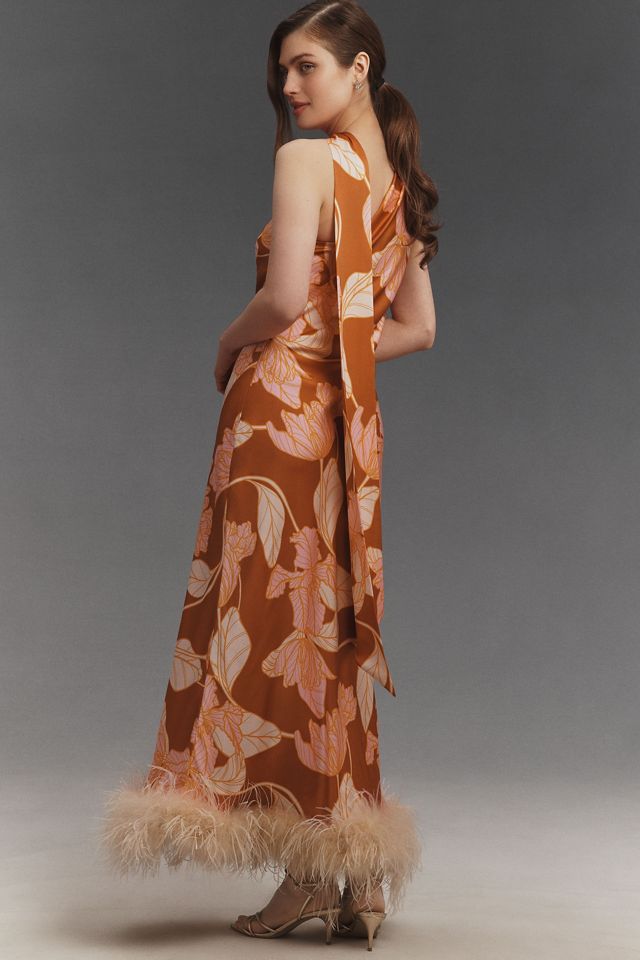 chinese dress ladies Brown Rust Peacock Feather Tribal Button-Down Maxi Dress main image 0