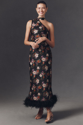 Hutch One-shoulder Faux-feather Trim Maxi Dress In Black