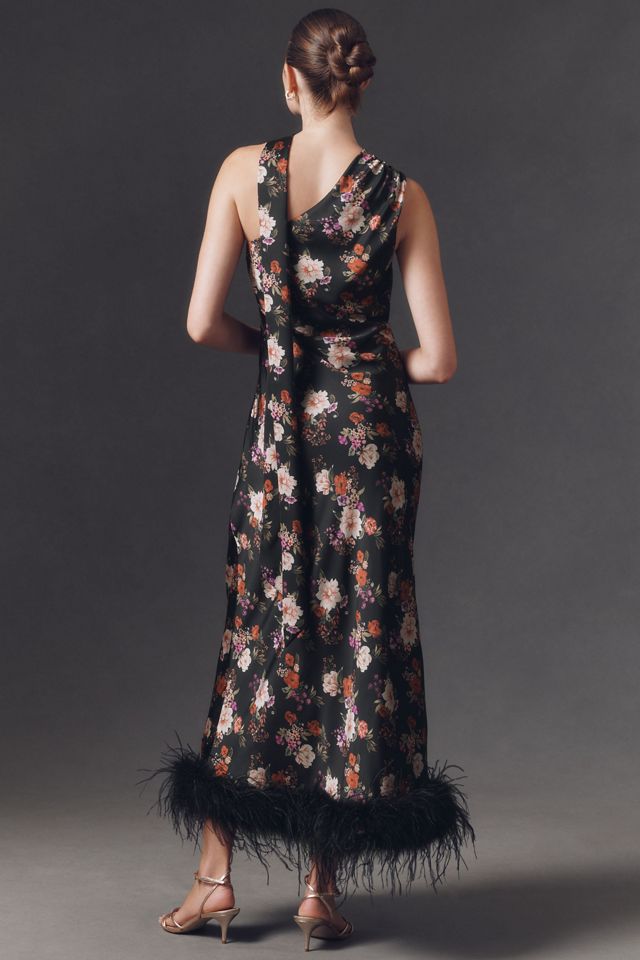 Hutch One-Shoulder Faux-Feather Trim Maxi Dress #1