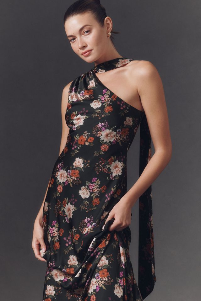 Hutch One-Shoulder Faux-Feather Trim Maxi Dress #2