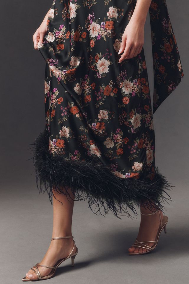 Hutch One-Shoulder Faux-Feather Trim Maxi Dress #3