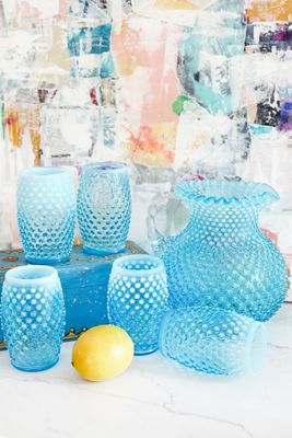 Old Flame Candle Co. Vintage Rare Blue Hobnail Glassware