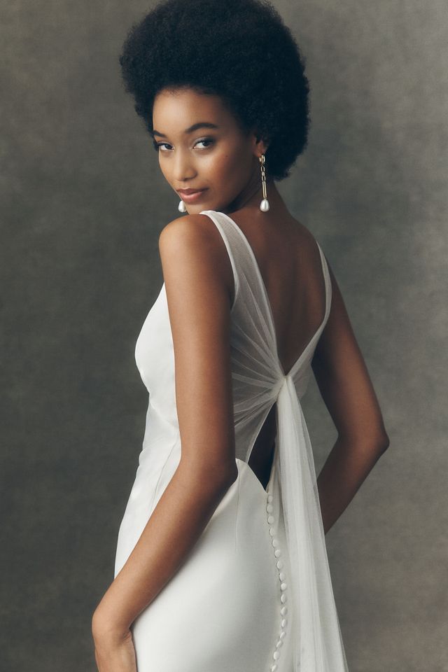 Watters Louisa V-Neck Satin Column Wedding Gown #6