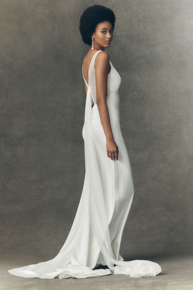 Watters Louisa V-Neck Satin Column Wedding Gown