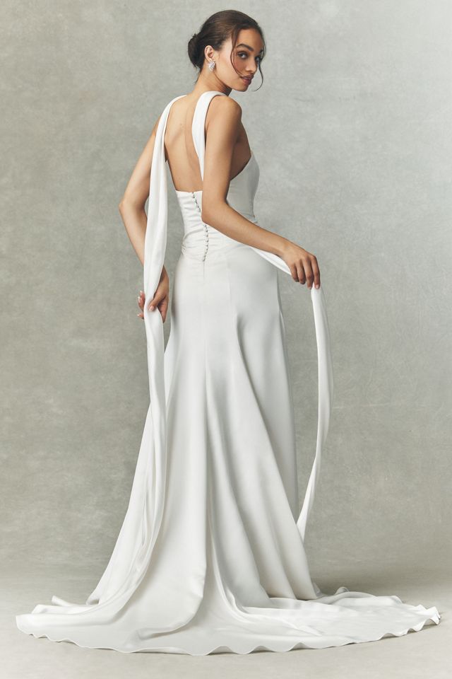 Watters Audrey Satin Lace-Sleeve A-Line Wedding Gown #5