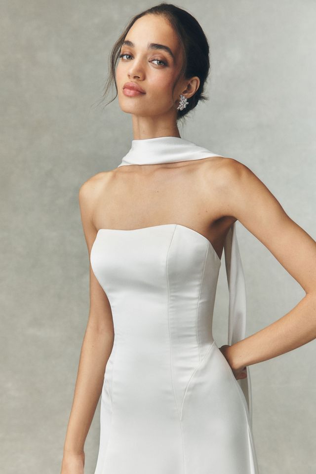 Watters Audrey Satin Lace-Sleeve A-Line Wedding Gown #6