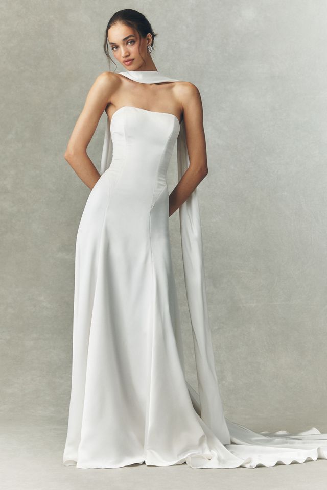 Watters Audrey Satin Lace-Sleeve A-Line Wedding Gown #7