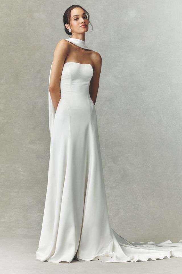 Watters Audrey Satin Lace-Sleeve A-Line Wedding Gown #4