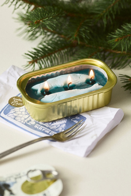The Original Tinned Fish Candle By Tinned Candle The Original Tinned Fish Candle Woody Juniper & Fir Aluminum Candle In Gold