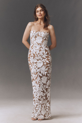 Bronx And Banco Dahlia Strapless Sheer Floral Maxi Dress In White