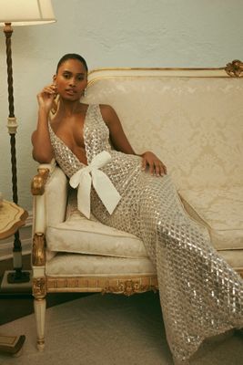 Bronx and Banco Liora V-Neck Sheer Beaded Tulle Maxi Dress