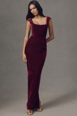 Sau Lee Brooke Cap-sleeve Scoop-neck Velvet Maxi Dress In Red