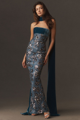 Sau Lee Adrian Strapless Embroidered Fitted Maxi Dress In Blue
