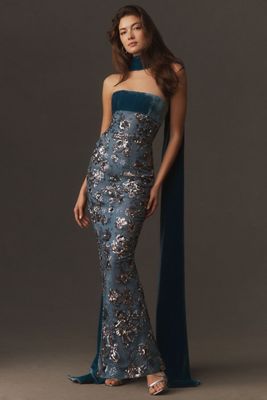 SAU LEE Adrian Strapless Embroidered Fitted Maxi Dress
