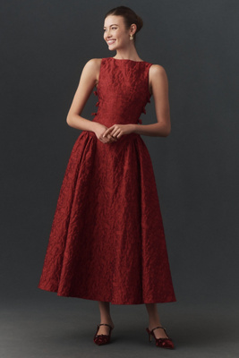 Sau Lee Francesca Square-neck Jacquard Midi Dress In Red