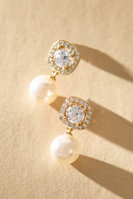Nadri Cushion Crystal Halo Pearl Earrings In Gold