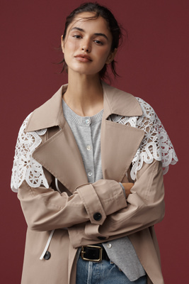 By Anthropologie Tie-front Lace Cutwork Cape In Brown