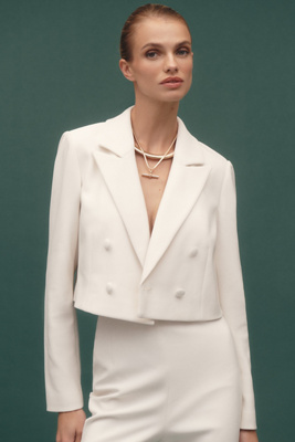 Bhldn Crepe Crop Double-breasted Blazer Jacket In White