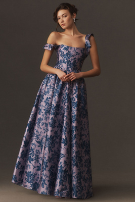 Bhldn Bow-detailed Square-neck A-line Maxi Dress In Blue
