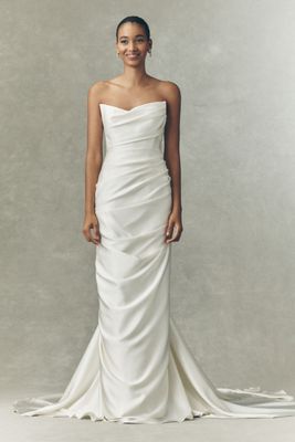 Watters Delphinium Strapless Ruched Column Wedding Gown