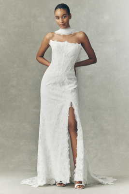 Watters Josephina Strapless Lace Column Wedding Gown In White