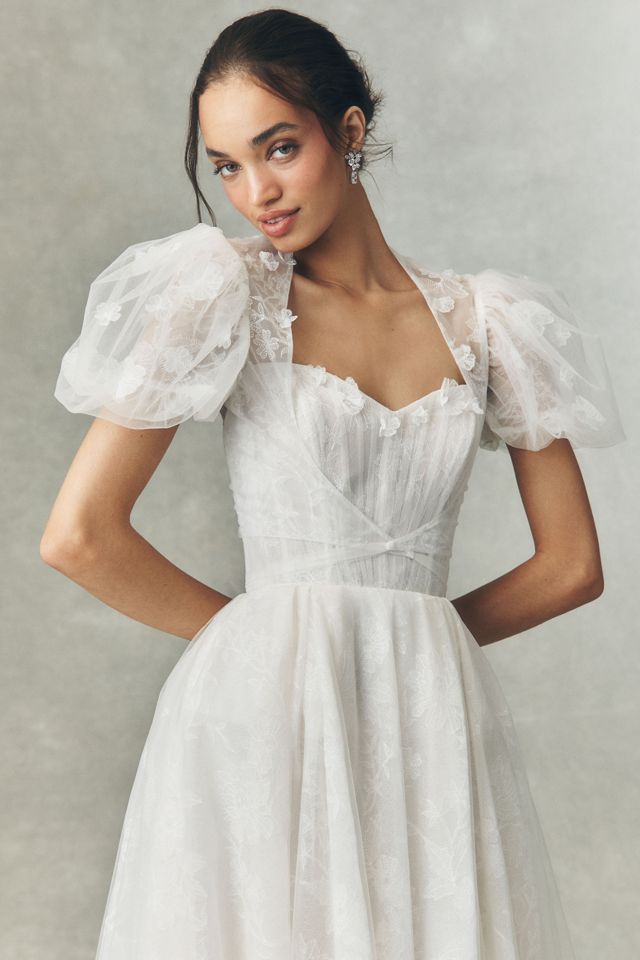 Watters Palmer Puff-Sleeve Tulle Fit & Flare Wedding Gown #3