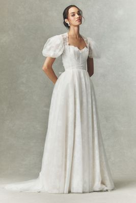 Watters Palmer Puff-Sleeve Tulle Fit & Flare Wedding Gown