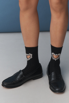 High Heel Jungle Gem Crystal Heart Crew Socks In Black