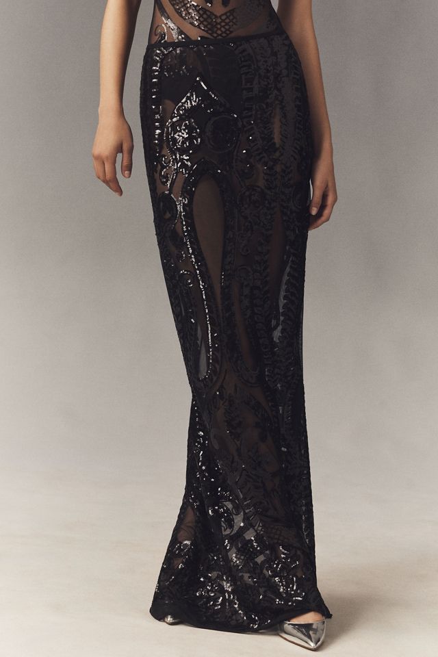 Norma Kamali Obie Sheer Sequin Mesh Maxi Skirt #1