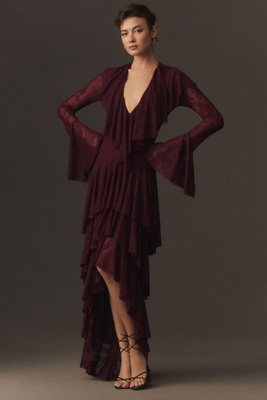 Norma Kamali High-low Stretch Lace Ruffle Gown In Purple