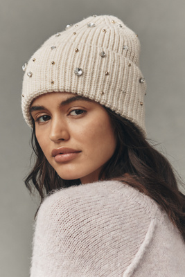 Flat White Rhinestone Beanie In Neutral