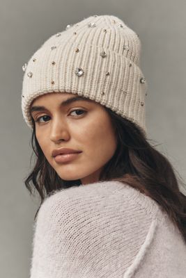 Flat White Rhinestone Beanie