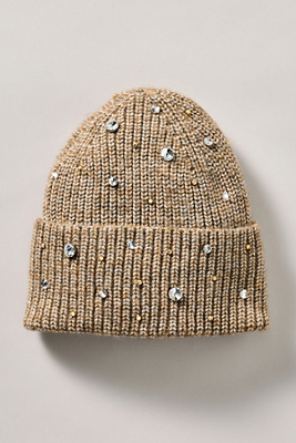Flat White Rhinestone Beanie In Gold
