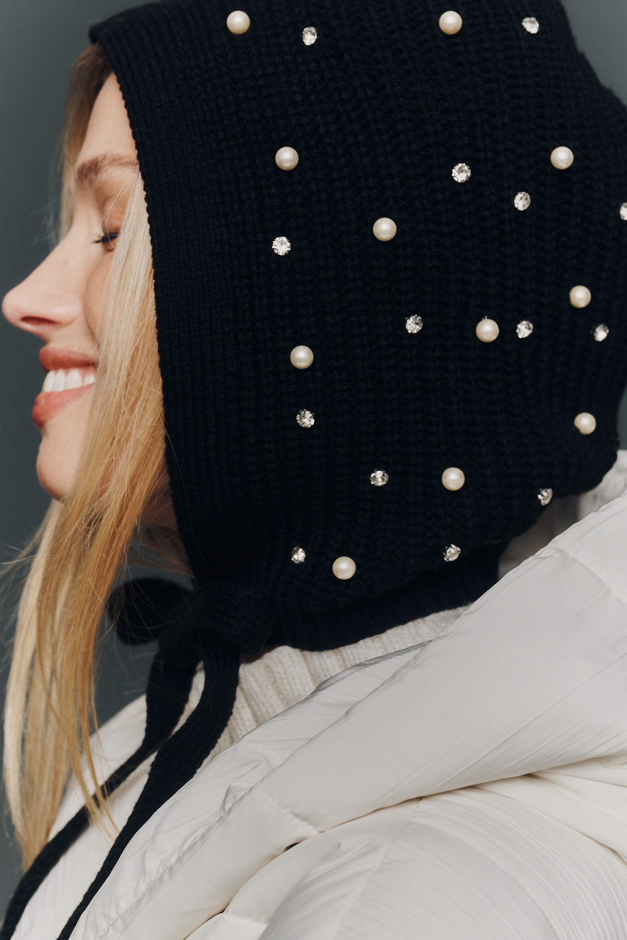 Flat White Rhinestone Embellished Knit Bonnet