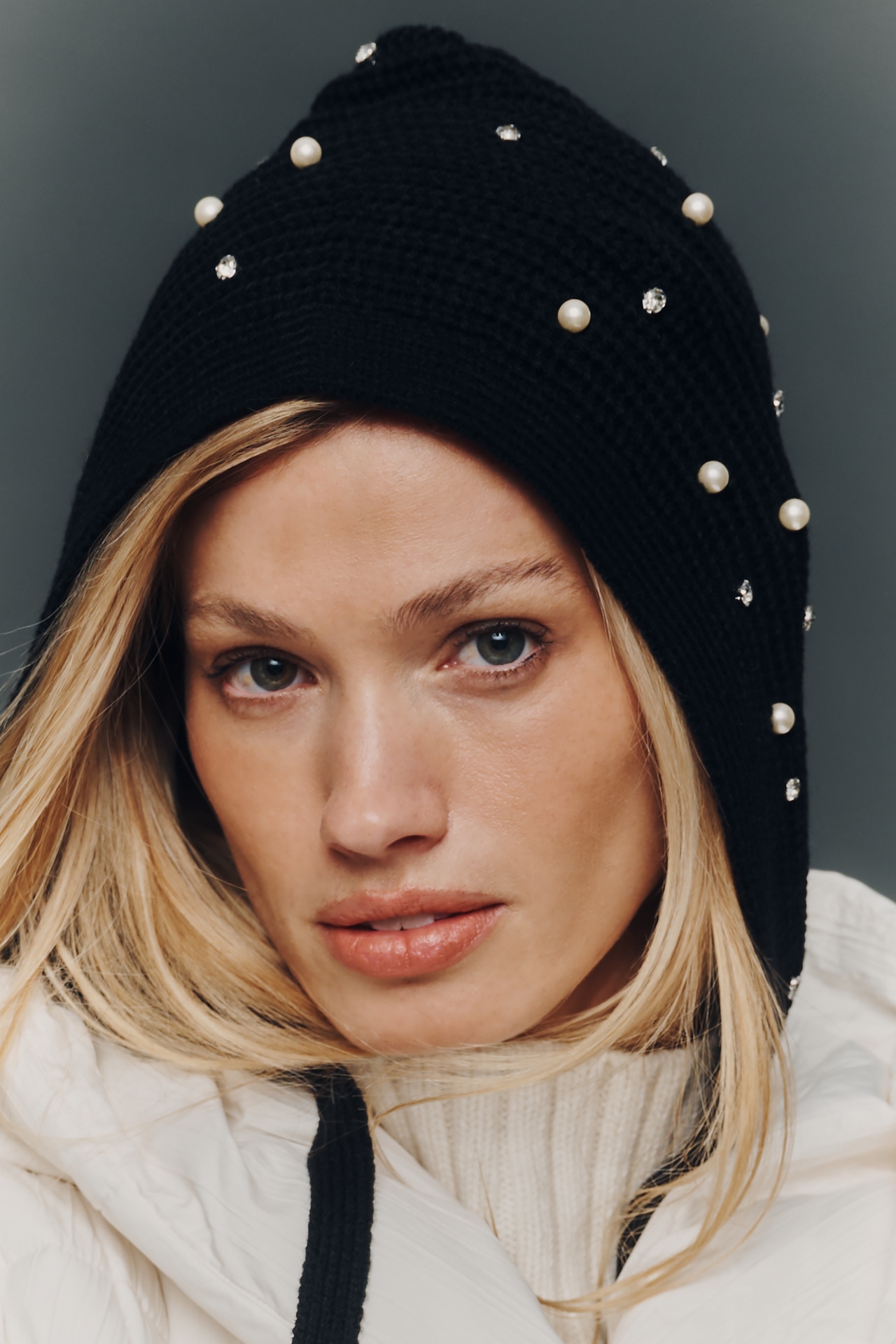 Flat White Rhinestone Embellished Knit Bonnet