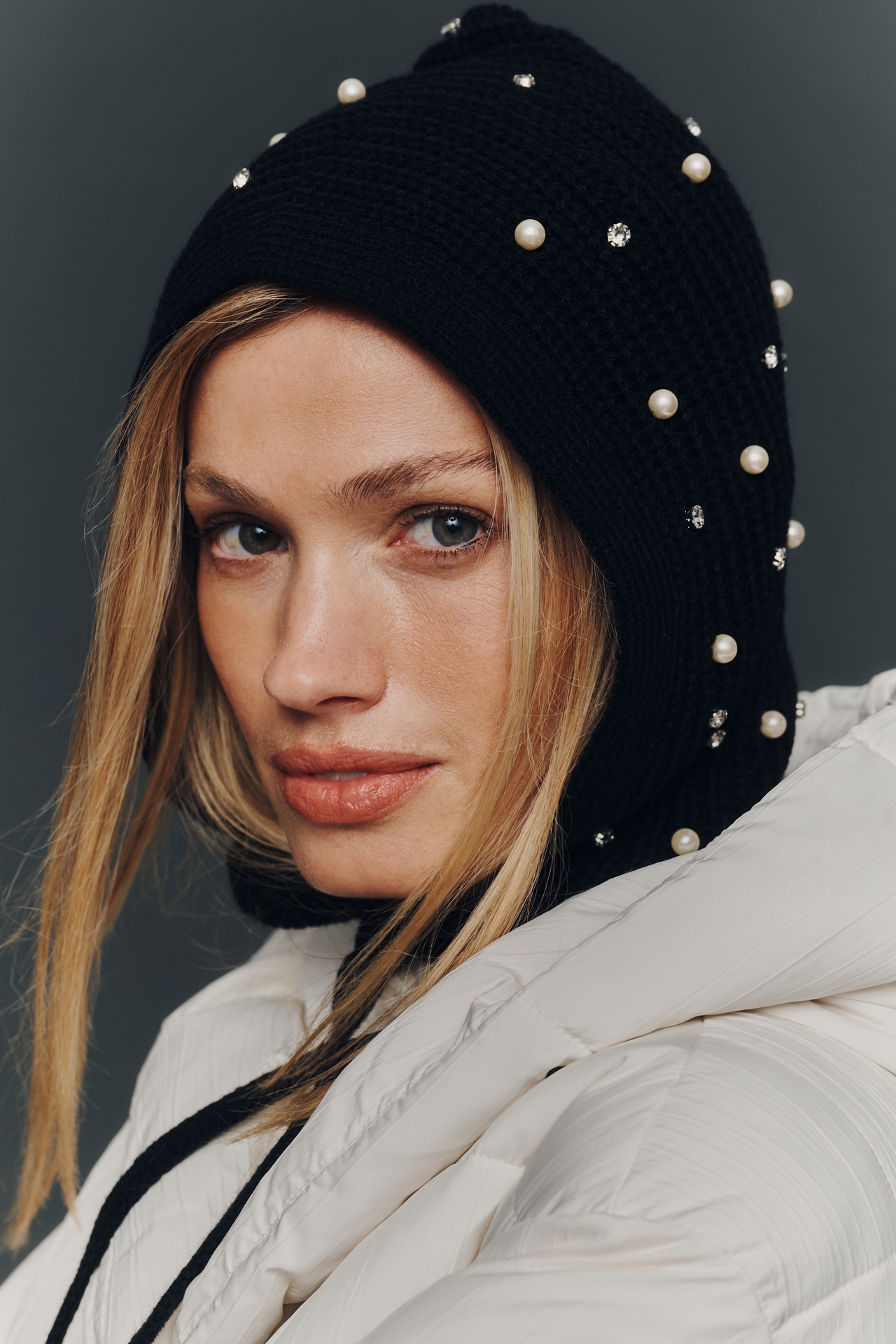 Flat White Rhinestone Embellished Knit Bonnet