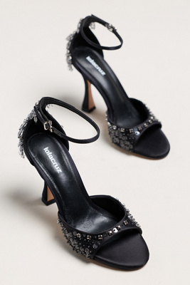 Lola Cruz Sequin Ankle Strap Heels In Black