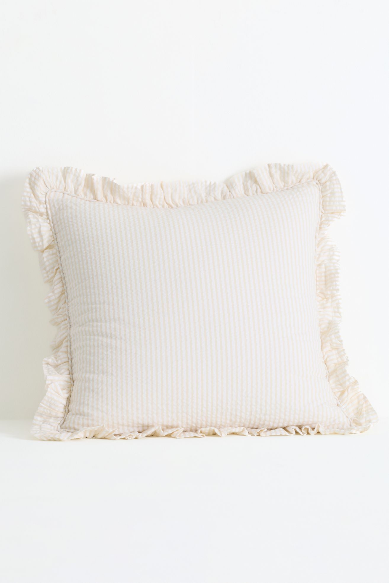Bridget Cotton Yarn-Dyed Seersucker Ruffle Pillow - Neutral Stripe, 20" X 20"