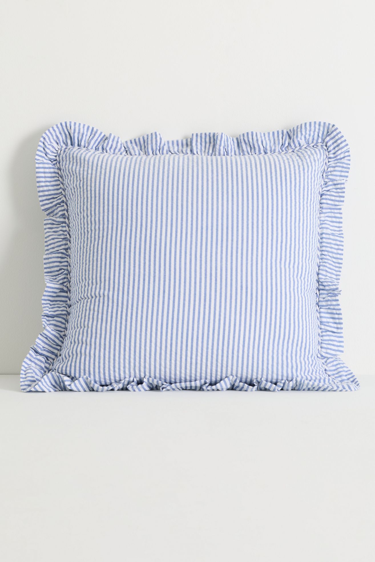 Bridget Cotton Yarn-Dyed Seersucker Ruffle Pillow - Blue Stripe, 20" X 20"