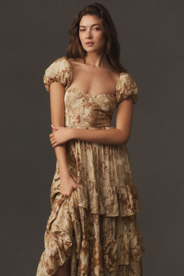 BHLDN Lurex Printed Tiered Puff-Sleeve Dress | Anthropologie