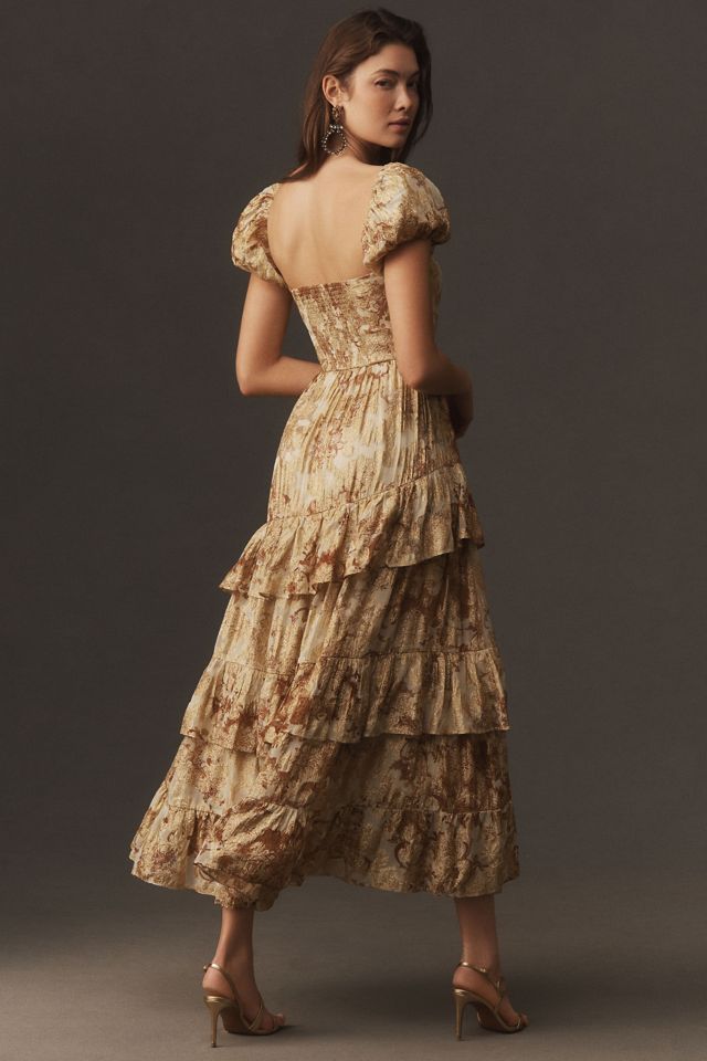 BHLDN Lurex Printed Tiered Puff-Sleeve Dress #1