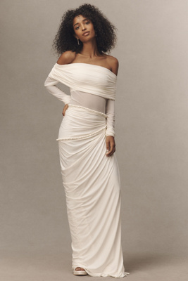 Deme By Gabriella Bella Long-sleeve Off-shoulder Maxi Dress In White