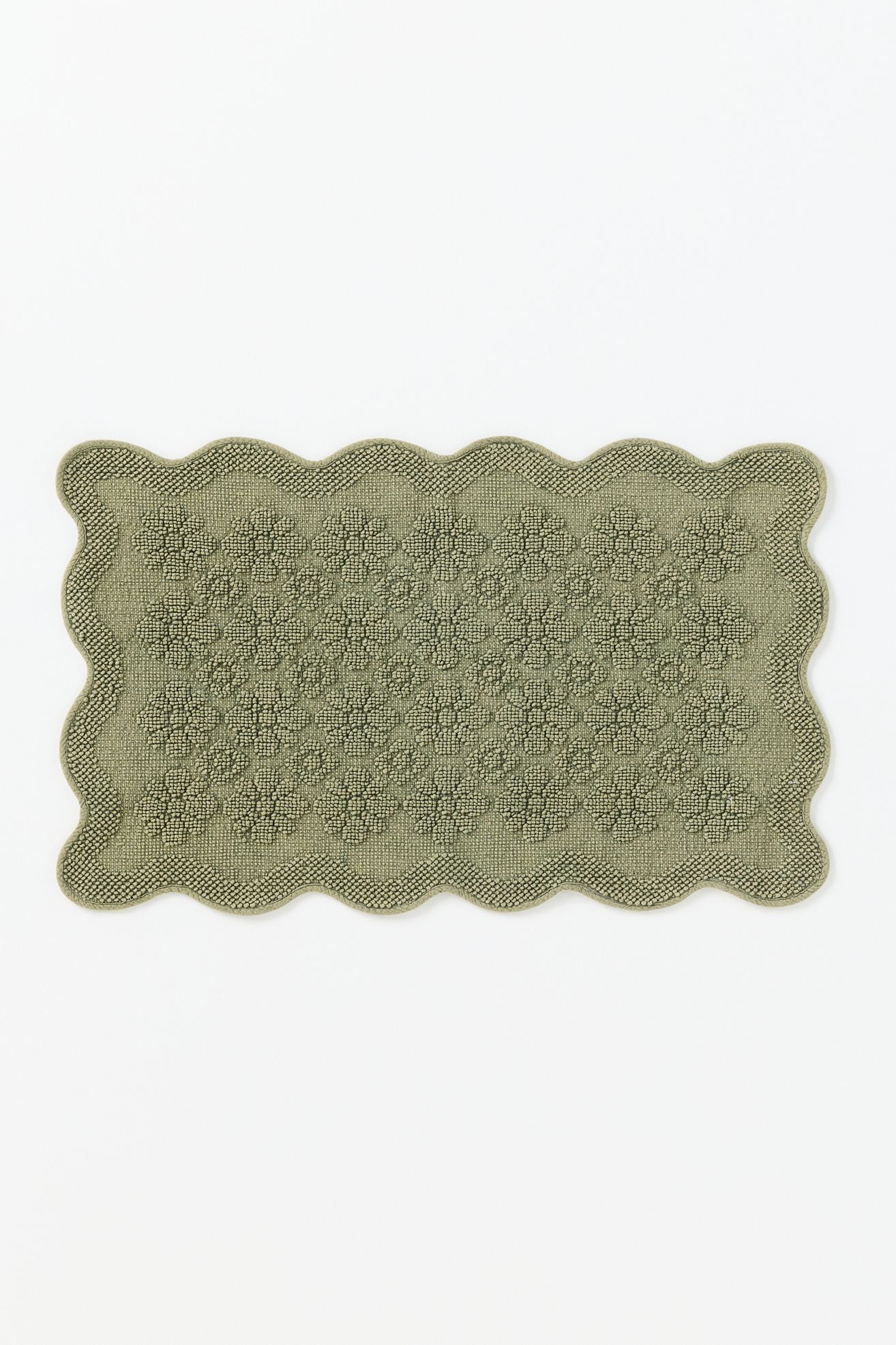 Benni Hand-Woven Floral Wavy Border Bathmat - Olive, Standard, Shaped