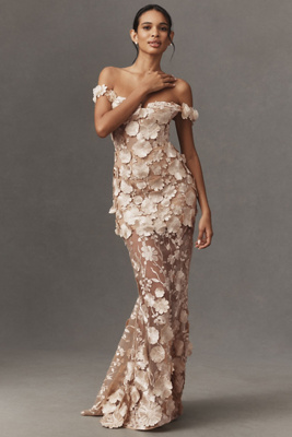 Bronx And Banco Jasmine Strapless 3d Floral Gown In Brown