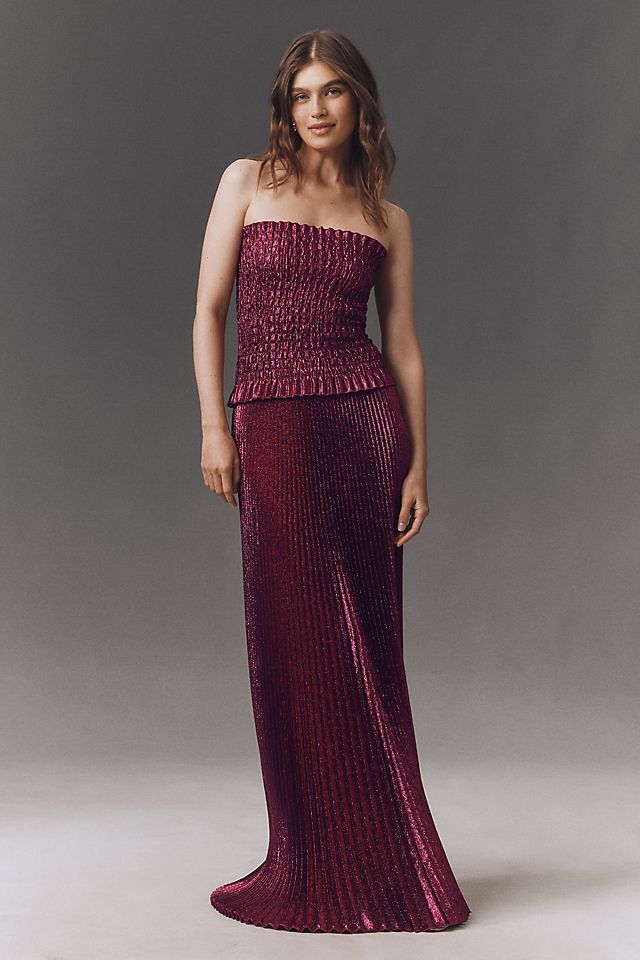 l ide maya strapless pleated maxi dress Shop the Evening in Pink This strapless LIDE maxi dress features a flattering peplum waist and a striking dusty pink metallic finish L'IDE Maya Strapless Pleated Gown