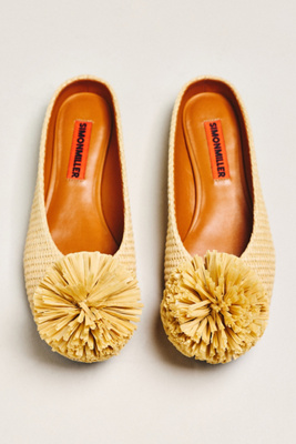Simonmiller Pom Pom Woven Raffia Flats In Brown