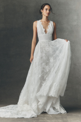 Rish Vayda V-neck Lace A-line Wedding Gown In White