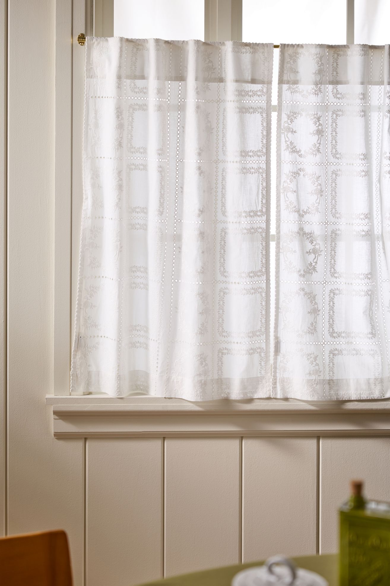 Cotton Eyelet Embroidered Sheer Cafe Curtain, Set of 2 - White, Standard, 25" x 36"